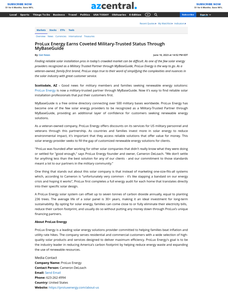 ProLux Energy Published in AZCentral- ProLux Energy Earns Coveted Military-Trusted Status Through MyBaseGuide